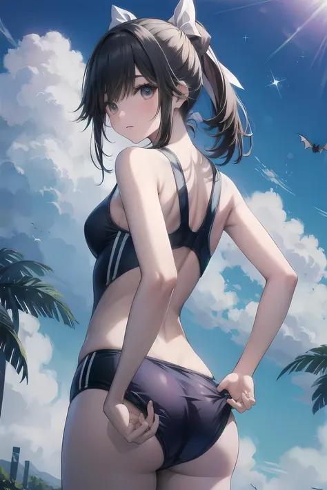 high quality、最high quality、Complete limbs、Ultra-high resolution、Sparkling eyes、Full Finger、Slender beauty、take a look at the manaka, ponytail, hair bow,, Wear a school swimsuit、Glowing Skin、Bat angle, from behind, adjusting clothes