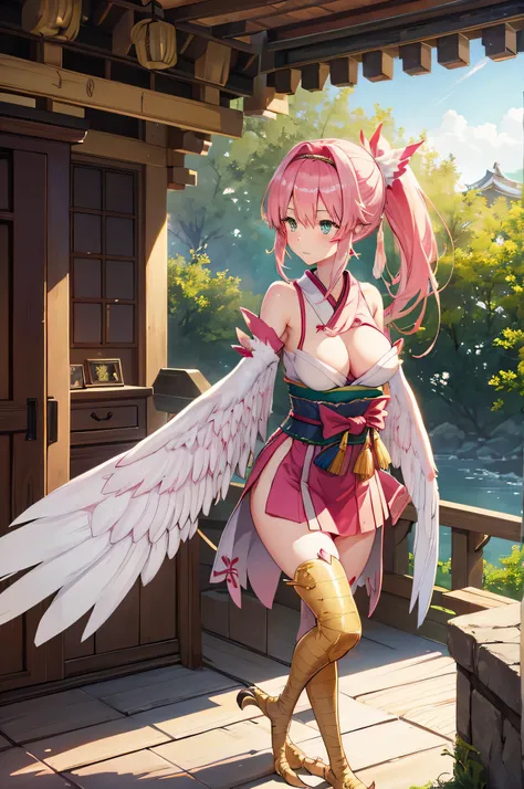 4K,High resolution,One Woman,Harpy,Pink Hair,Short Ponytail,Green Eyes,Big Breasts,White Wings,Golden toenails,Shrine maiden,White Shrine maiden outfit,hair band,Japanese Village