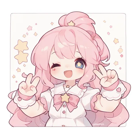 wink、magical girl、chubby、long pink hair、stars、happy、peace sign、profile picture