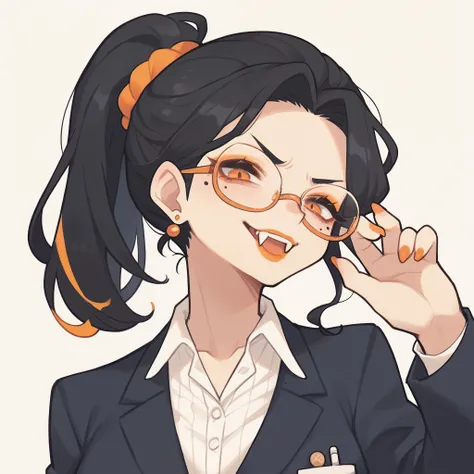 orange lipstick,secretary outfit,siren glasses,mole,ponytail,orange and black hair,black hair,orange streaks,fangs, mature woman