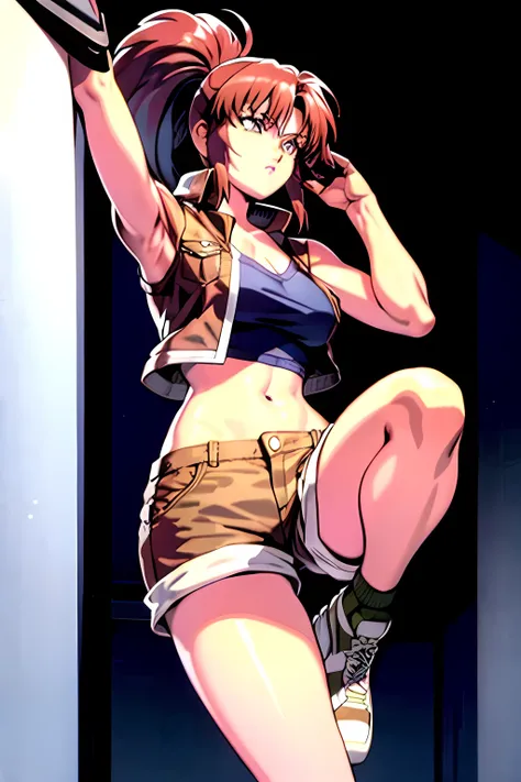 masterpiece, best quality, anime 1990s (style, leona heidern,  no bra, fully open vest, shorts, ponytail 