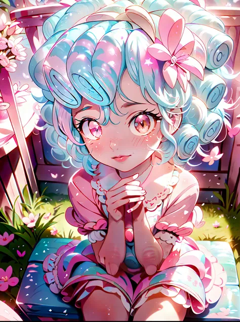 My little pony, cozy glow, young girl, blue swirly short hair, swirly bangs, (pastel pink skin), ((blue hair with light blue strains)), orange eyes, white hair band, in a pink botanical garden, Nyssa sylvatica garden arch, pink shimmering ponds with lily p...