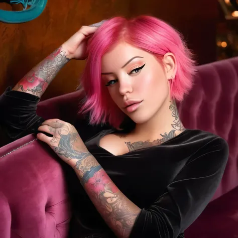 imagine laurence bedard reclining on a plush velvet sofa in a cosy coffee shop, her pink hair framing her captivating features. ...