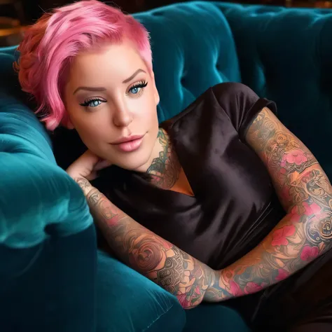 imagine laurence bedard reclining on a plush velvet sofa in a cosy coffee shop, her pink hair framing her captivating features. ...