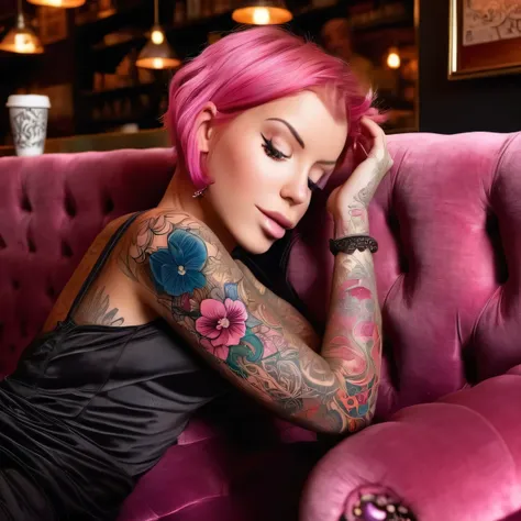 imagine laurence bedard reclining on a plush velvet sofa in a cosy coffee shop, her pink hair framing her captivating features. ...