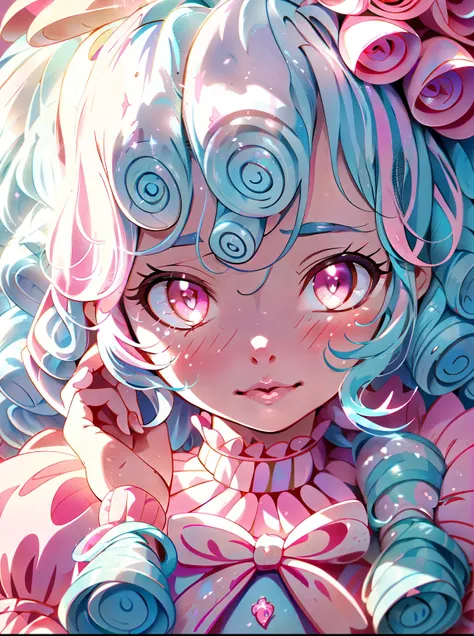 My little pony, cozy glow, young girl, blue swirly short hair, swirly bangs, (pastel pink skin), ((blue hair with light blue strains)), orange eyes, white hair band, in a pink botanical garden, Nyssa sylvatica garden arch, pink shimmering ponds with lily p...