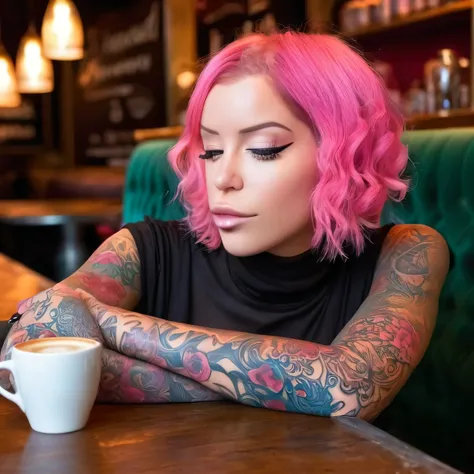 imagine laurence bedard reclining on a plush velvet sofa in a cosy coffee shop, her pink hair framing her captivating features. ...