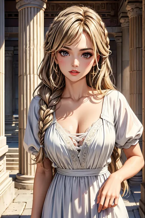 (best quality, 8K, masterpiece:1.3), pretty Woman, 1 girl, beautiful face, (Sexy), light brown gradient hair, blunt bangs wavy long hair side braids, long braid, white casual dress, Ultra-detailed face, Detailed lips, super detailed eyes, double eyelids, l...