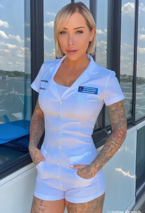 Laurence bedard in a nurse uniform holding a cell phone, wearing a nurse uniform with )petruing nipples:1.4), nurse ambulance lights shine on her face, brave nurse face, surgeon, bodycam, nurse uniform, full body camera shot, in blue uniform, (hard nipples...