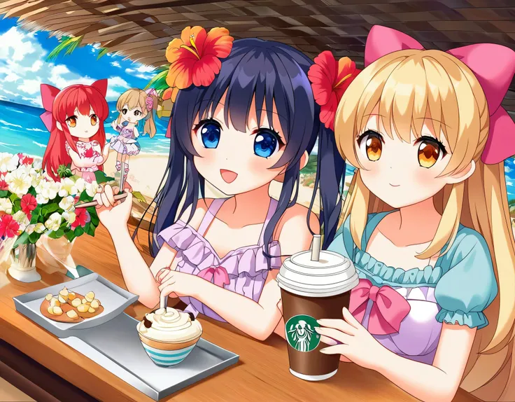 anime beautiful girl chibi character drinking starbucks coffee with a straw in her hand, starbucks in a vibrant outdoor café sty...