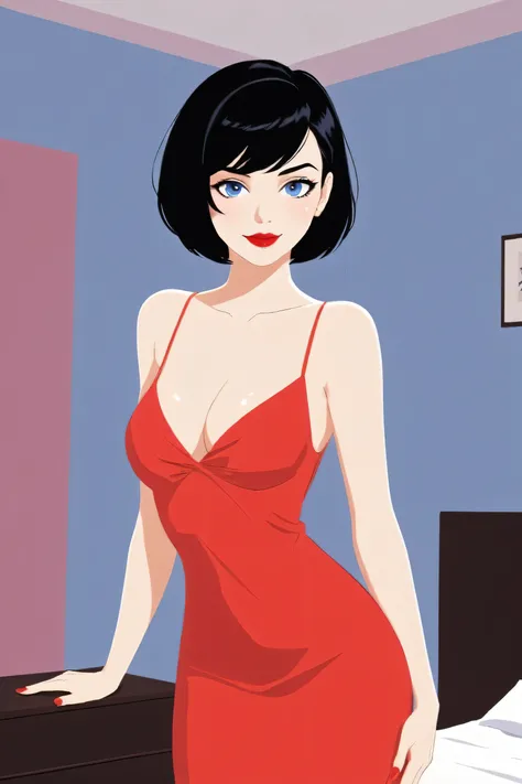 Vector illustration, girl, cleavage, minimalist, flat color , A Female with bob black haircut with blue eyes and Red lips, bare shoulders, red dress, taut dress, spaghetti strap red dress, sleeveless, medium breast, standing in her bedroom, 1 girl, solo, c...