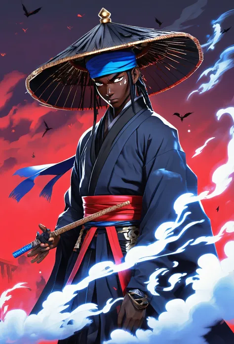 Digital artwork featuring a black man samurai anime character with a dark, mysterious aesthetic. The character has dark skin and blue eyes, partially obscured by a high-collared black cloak with blue cloud patterns. They wear a headband with a metallic pla...