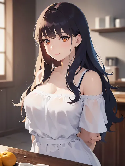 Detailed CG,Ultra-fine illustrations,masterpiece,Highest quality,BREAK(white:1.5) and (off shoulder blouse)BREAK,Realistic,Real person,RAW Photos,Realistic(Pale skin:1.2),Glowing Skin,Shiny Hair,(A 26-year-old woman with medium-length hair and bangs)and(Wa...