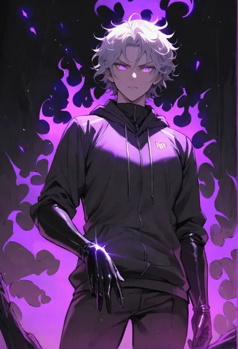 masterpiece, detailed, Best Quality , Chico , by white , short hair , messy hair , radiant violet eyes , good body , Alone , elegant , stopped , standing , dangerous magic , black powerful gloves , serious , strong , high , elegant sudadera con capucha , p...