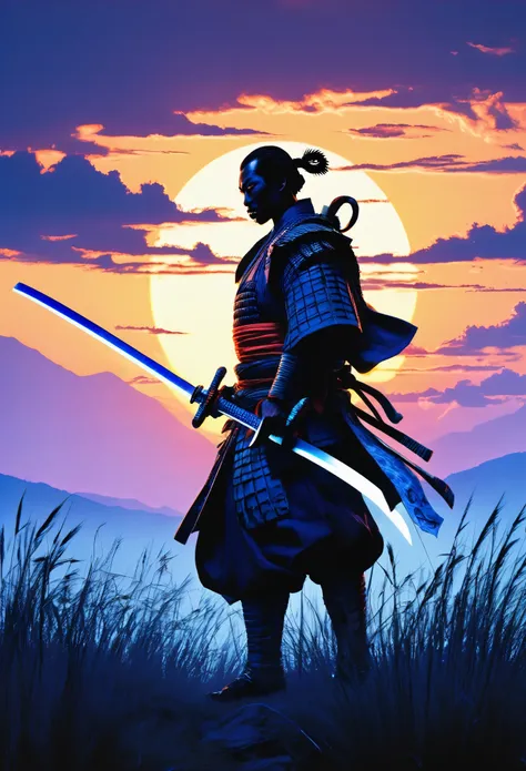 Dramatic silhouette image featuring a lone black man samurai standing against a large, glowing sunset. The samurai is wearing a traditional African designed clothes and holding a katana, with the blade resting on his shoulder. The background is dominated b...