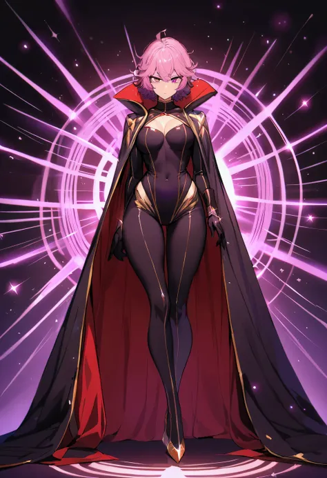 masterpiece, detailed, Best Quality , Girl , purple hair and pink hair , multicolor fur , short hair , messy hair , magneta radiant eyes , good body , alone , elegant , stopped , standing , magia dangerous , black powerful gloves , arrogant , strong , high...