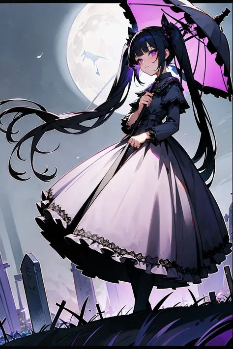 1female, raven black hair in twin tails, violet eyes, wearing a gothic lolita dress with lace detailing, black parasol, standing on a path, moonlit graveyard with mist and floating will-o-the-wisps, masterpiece, 8k.