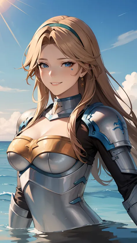 katalina (granblue fantasy), 
break (open clothes, hairband, grin, (gold armor), body markings:1.2), break fishnet, ocean, parti...