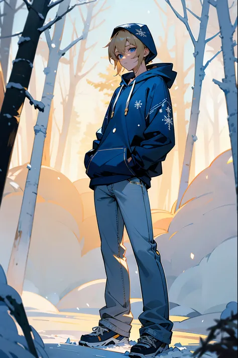 1male, sandy blonde hair, sky blue eyes, wearing a navy blue hoodie with white snowflake designs, baggy jeans, standing on a path, snowy forest with sparkling snowflakes, masterpiece, 8k.