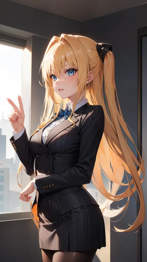 1girl,   golden_darkness, long hair, very long hair, two side up, hair ornament, medium breasts, hair intakes, hair between eyes, golden_darkness, long hair, very long hair, two side up, 
BREAK (pinstripe suit, black suit, collared shirt, pinstripe skirt, ...