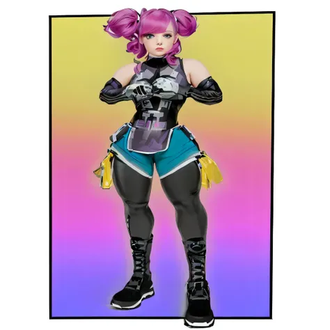 realistic photo of a woman with pink hair and a gray top with black details, 4 twin pigtails, blue eyes, kawaii, cute, stylish haircut, model haircut, female protagonist 👀 :8, saw league of legends, !!full body portrait!!, official character art, full body...