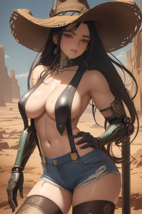 Alluring Beautiful android Cowgirl, Beautiful Wet Sweaty Skin, Amazing Athletic Toned Body, topless, leather suspenders, Leather Cowboy Hat, Skimpy Denim Shorts, exposed mechanical limbs, glowing parts, At A Desert Farm With Cactus Background, Western Them...