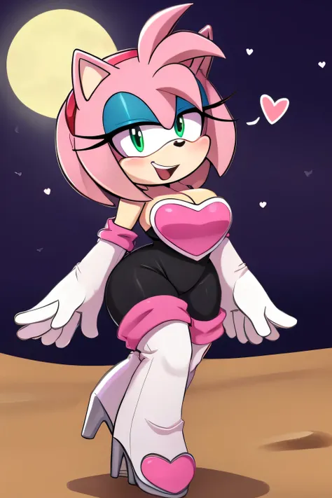 score_9, score_8_up, 2D, flat color, looking at viewer, (1girl), (solo), very detailed, extremely detailed, Amy Rose from the sonic the hedgehog series, portrait, smug expression, hair down, hair bangs, large bust, milf, Rouge cosplay, cosplay, Rouge outfi...