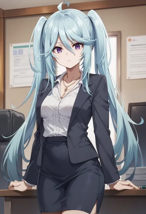 1girl, solo, long hair,blue hair,purple eyes,twintails, looking at viewer, bangs, hair between eyes, medium breasts, ahoge, formal, office uniform, suit,  jewelry, necklace, pencil skirt, skirt, vera_rustamova