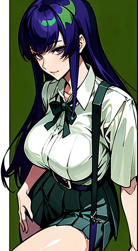 (Highest quality、masterpiece:1.2), ((Mature Woman)) saeko busujima、Long-haired、White shirt、Shoulder Holster、Green pleated skirt、、garter belt、Knee-length、Malicious look、Whole Body Ezbian, (Large Breasts: 1.4)