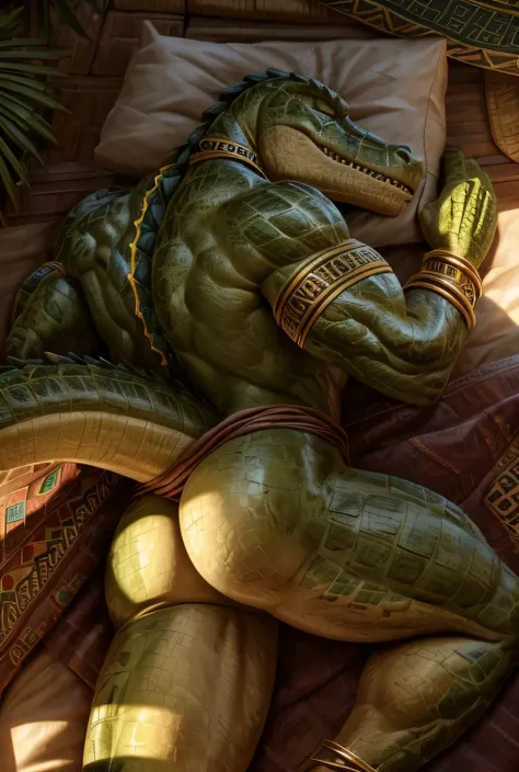 A muscle yellow male alligator, a muscle yellow male Lizardmen, sleeping showing his butt , detailed hands, detailed beauy face, ultra detailed eyes, aztec clothe and accesories, bracelet on legs and arms