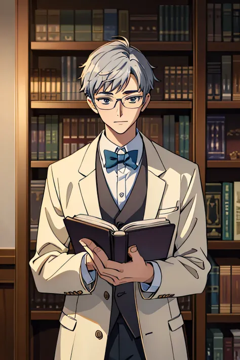 18-year-old young man、Silver short hair、Wear glasses、Dressed like a researcher、Holding a book in your right hand、A faint smile、Being in the study