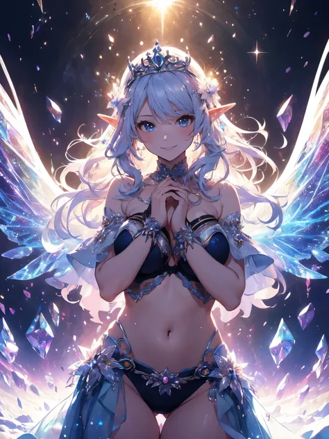 最high quality、1 woman elf facing forward　Super beauty、)((underwear))、Beautiful eyes、tears、universe、Huge galaxy、Beautiful decoration、brassiere、panty、Ice tiara、Swirling Ice、Crystal of snow、Ice Palace、最high quality , fractal art.、Glowing ice、Bold Pose、Bold co...