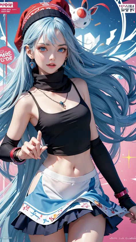 zzDawn, blue hair, blue eyes, sidelocks, long hair,, zzDawn, blue hair, blue eyes, sidelocks, long hair, bare shoulders, beanie, black shirt, black socks, bracelet, hat, jewelry, kneehighs, miniskirt, pink skirt, red scarf, scarf, shirt, skirt, sleeveless,...