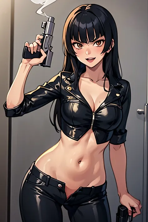 1girl,wang liu mei,brown eyes, long hair,  blush, lipstick, Hot girl, baddie, staring, glaring, bad attitude, mean girl, crazy, smoking, sensual, attractive, masterpiece, best quality, highly detailed, a girls with a gun, evil smile , open mouth, sexy gaze...