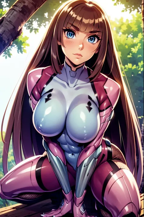 (High resolution) (Detailed illustration) ultra detailed, blue eye color, glassy and detailed eyes, detailed face, Asuka Koukawa, by hime, straight bangs, very long hair, redhead, adolescent, visible muscles, athletic body, toned abdomen, thick arms, mecha...