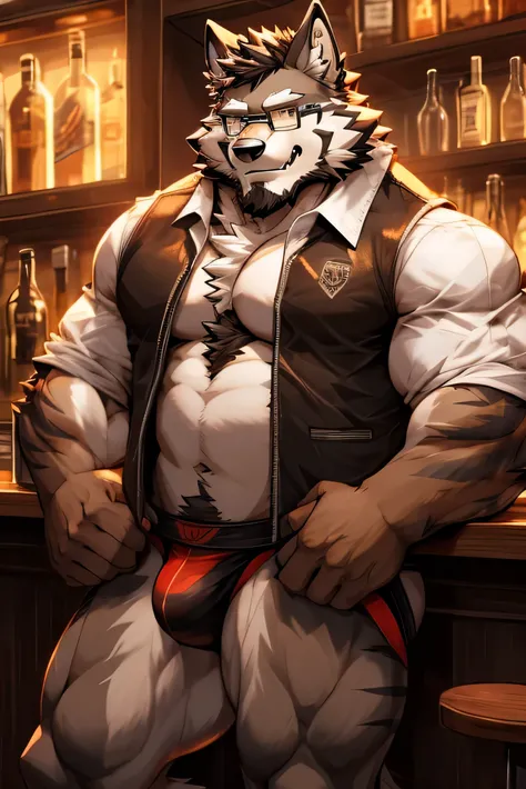 alone, fat muscular man, furry wolf (brown fur), thin haircut (white color), circular beard (black color), amber eyes, ((red beard)), ((glasses)), stripes on arms, white belly, furry, wolf tail, wolf ear, vest, no shirt, jockstrap, bartender, behind a bar ...