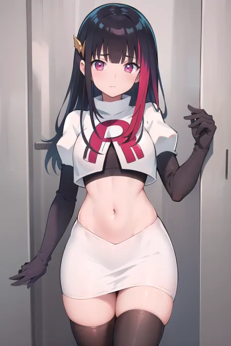 rouge redstar,1girl, black hair, solo, long hair, pink eyes,ear ornament, streaked hair, blunt bangs, looking at viewer,cowboy shot, team rocket,team rocket uniform,white skirt,red letter R,crop top,black thigh-highs,black elbow gloves, (best quality, mast...