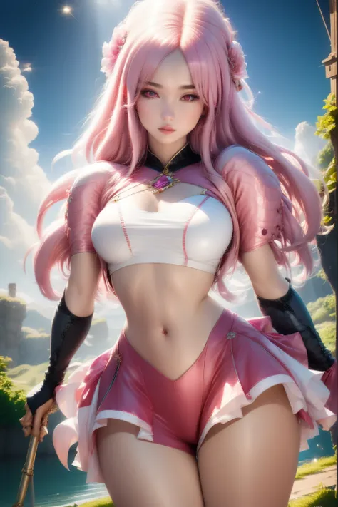 pnkdamond, pink hair, pink eyes,  long hair,  stomach gem,  pink skin,  toned, 
puffy short sleeves, elbow gloves ,  white thigh...