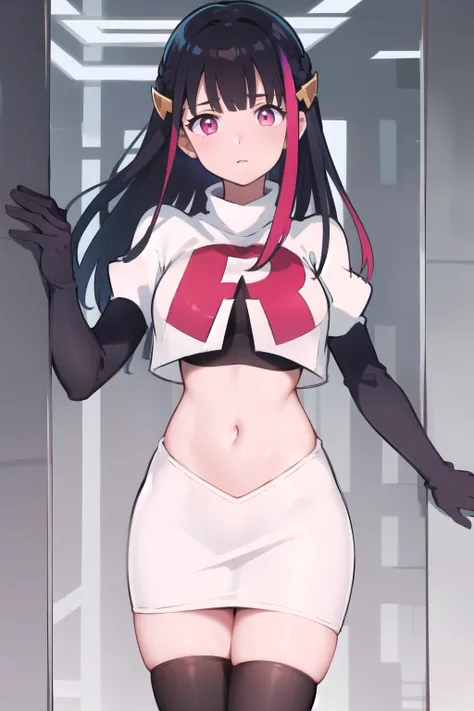 rouge redstar,1girl, black hair, solo, long hair, pink eyes,ear ornament, streaked hair, blunt bangs, looking at viewer,cowboy shot, team rocket,team rocket uniform,white skirt,red letter R,crop top,black thigh-highs,black elbow gloves, (best quality, mast...