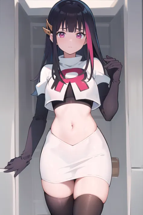 rouge redstar,1girl, black hair, solo, long hair, pink eyes,ear ornament, streaked hair, blunt bangs, looking at viewer,cowboy shot, team rocket,team rocket uniform,white skirt,red letter R,crop top,black thigh-highs,black elbow gloves, (best quality, mast...