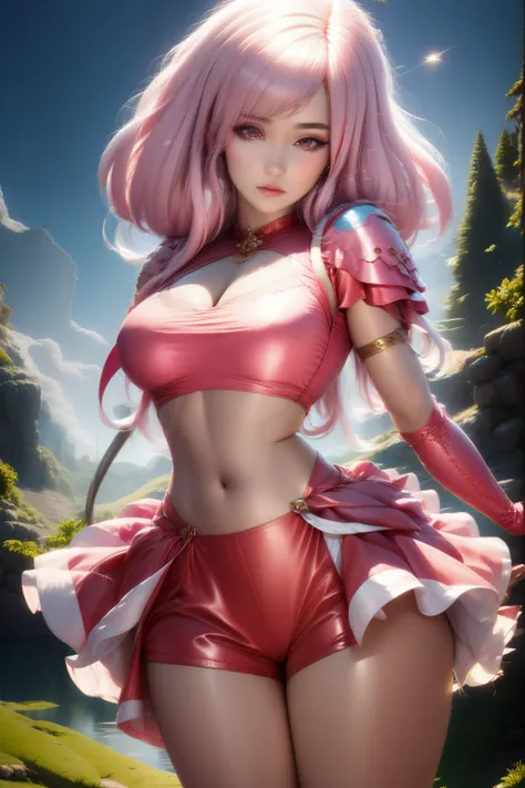 pnkdamond, pink hair, pink eyes,  long hair,  stomach gem,  pink skin,  toned, 
puffy short sleeves, elbow gloves ,  white thigh...