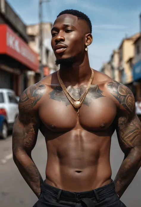 (man, 20s, from ghana, dancer), young handsome man, large mouth, wide mouth, thick lips, large nose, big nose, black skin, tattooed arms, street style, profile photo, (from back), ((high-quality, hyper realistic, photorealistic, 8K, best quality, 4k, highr...