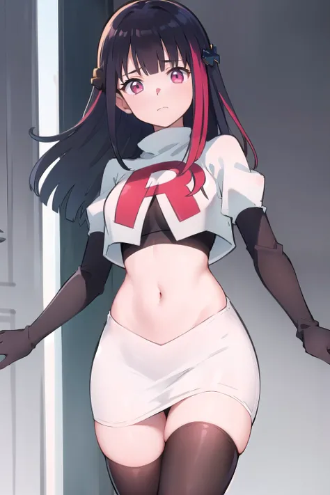 rouge redstar,1girl, black hair, solo, long hair, pink eyes,ear ornament, streaked hair, blunt bangs, looking at viewer,cowboy shot, team rocket,team rocket uniform,white skirt,red letter R,crop top,black thigh-highs,black elbow gloves, (best quality, mast...