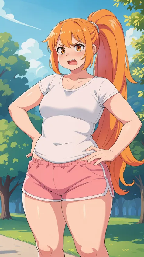 Outside, park, cute white top, grumpy, angry, hands on hips, Looking at viewer,Upper teeth, 1girl, solo, facing viewer,, orange hair, very long hair, high ponytail, blushing, talking open mouth, TallW, (pink, dolphin shorts)