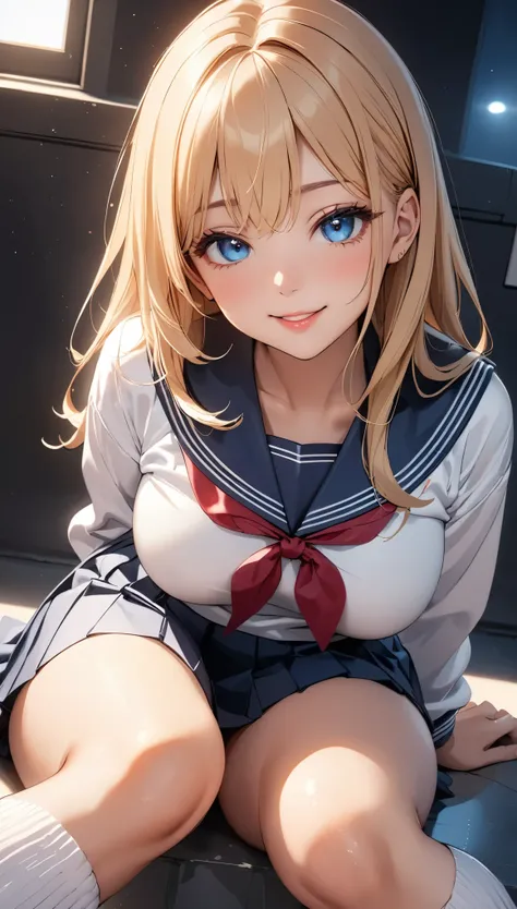 (Highest quality:1.24K, 8k, Studio Anime, Very detailed, Latest, Vibrant, High detail, High Contrast, masterpiece:1.2, Highest quality, Best aesthetics), (((1 Girl))), Sit and pose, ＪＫ, Sailor suit, Pleated skirt, loose socks, loafers, Please open your mou...