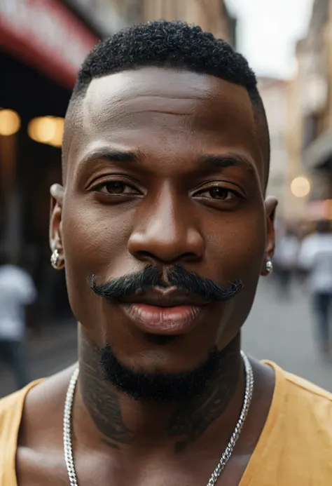 (man, 20s, from ghana, dancer), large mouth, wide mouth, thick lips, large nose, big nose, mustache, black skin, tattooed arms, street style, profile photo, upper body shot, (duch shot), ((high-quality, hyper realistic, photorealistic, 8K, best quality, 4k...