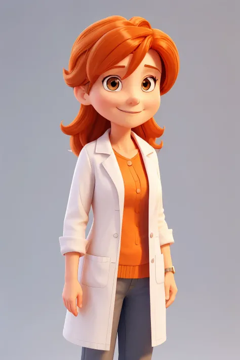 photo of a doctor, female, english, 50 years old, mature, well lit, bright, white background, plain background, orange shirt, orange hair, white coat, medium shot, front on, looking at camera, smiling, professional, old, wise