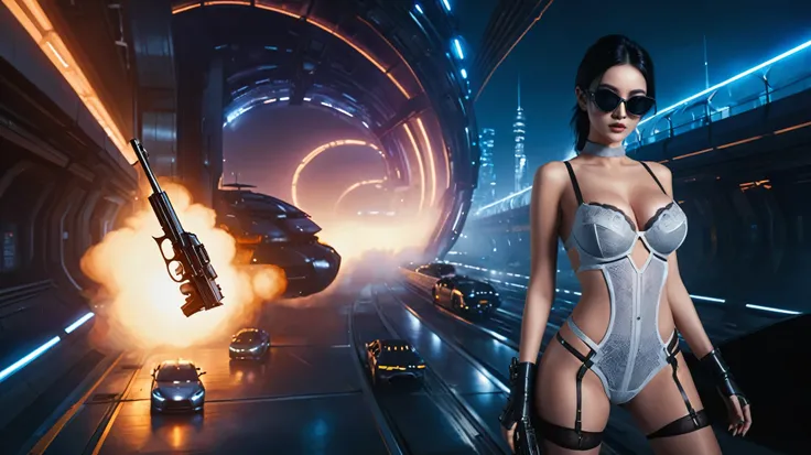 at night, ((a large-breast:1.2 lingerie slim:0.6 GIRL with black micro sunglasses)), ((holding a pistol)), aerial view of an ultra-futuristic megalopolis, tall metal buildings in dark colors from dark blue to black, shades of metal gray, smoky metal struct...