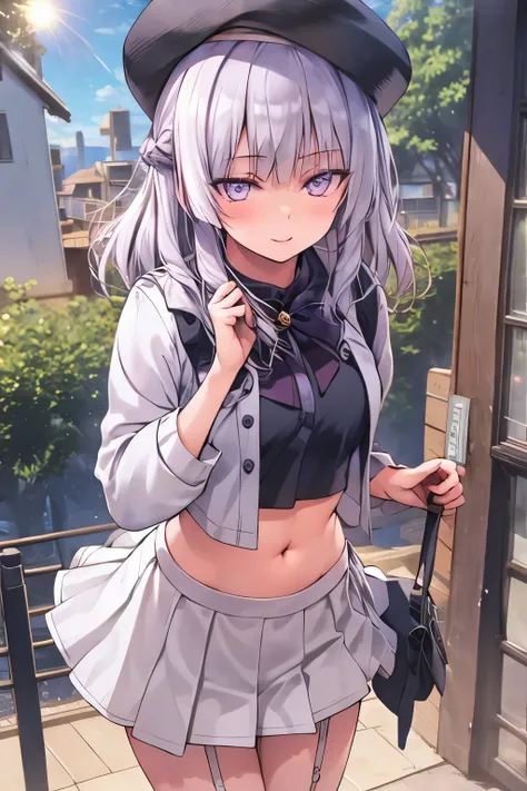 ((Best Quality)), ((masterpiece)), (detailed),  1 girl, by white, purple eyes, bright Eyes, crop top, Skirt, Chapped lips, blush, evening, flores, sun, sunlight,