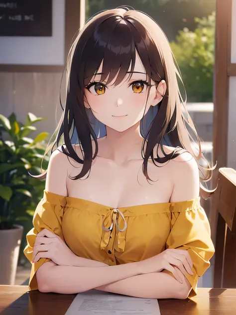 Detailed CG,Ultra-fine illustrations,masterpiece,Highest quality,BREAK(yellow:1.5) and (off shoulder blouse)BREAK,Realistic,Real person,RAW Photos,Realistic(Pale skin:1.2),Glowing Skin,Shiny Hair,(A 26-year-old woman with medium-length hair and bangs)and(W...